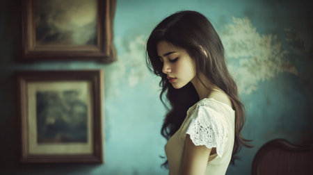 A captivating portrait of a young woman in soft natural light, showcasing serenity and elegance against a vintage backdrop, emphasizing moments of reflection and introspection.の素材