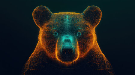 Eye-catching 3D wireframe bear face illustration in vibrant neon colors. This unique digital artwork blends technology and wildlife, ideal for various creative projects.の素材