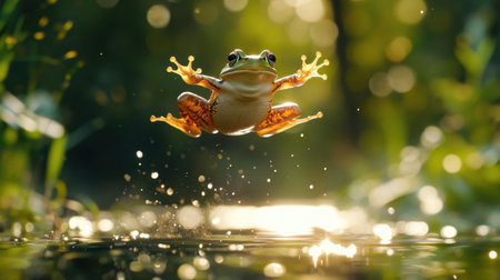 A stunning image of a frog leaping over glistening water, embodying the essence of nature's beauty and the joy of outdoor exploration. Ideal for themes of wildlife and freedom.の素材