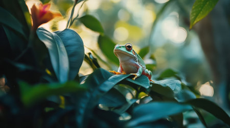A stunning close-up of a colorful frog perched on green leaves, surrounded by lush tropical foliage and soft natural light, capturing the beauty of wildlife in its habitat.の素材
