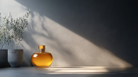 A stylish glass fragrance bottle sits gracefully on a minimalist surface, bathed in soft natural light, paired with gentle greenery that enhances the serene atmosphere.の素材
