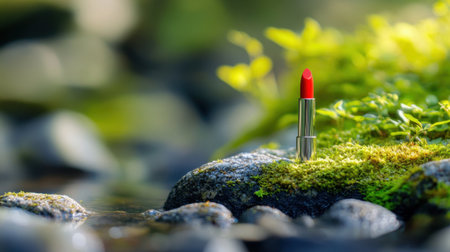A striking image of red lipstick placed on a mossy rock by a gentle stream, capturing the essence of beauty fused with the tranquility of nature. Perfect for beauty and nature themes.の素材