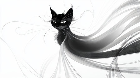 An elegant black cat with flowing lines and artistic swirls embodies mystery and grace. This minimalist artwork adds a sophisticated touch to any creative project or interior space.の素材