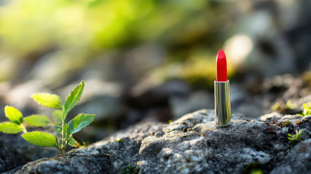 A striking red lipstick placed elegantly on natural stone, bathed in soft light, creates a captivating beauty scene surrounded by lush greenery.の素材