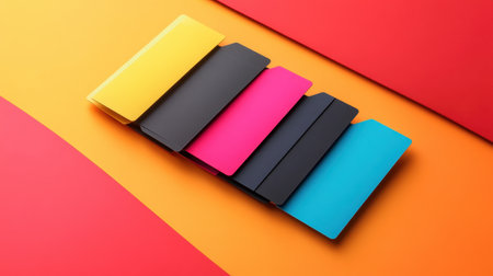A vibrant collection of stationary folders displaying a mix of colors aligned against a bright background, perfect for organizing documents in office or school settings.の素材