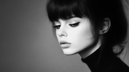 A striking black and white portrait of a young woman showcasing elegant features and dramatic makeup, capturing a serene and thoughtful moment in a minimalist style.の素材