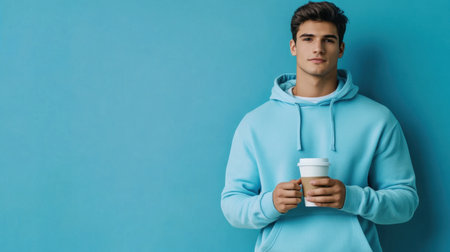 A young man in a light blue hoodie stands casually with a coffee cup against a bright turquoise wall, embodying a relaxed and trendy lifestyle perfect for modern aesthetic imagery.の素材