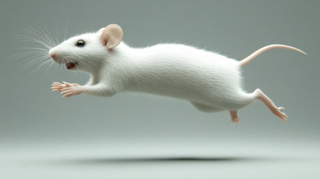 This captivating image showcases a white mouse leaping gracefully in mid-air, revealing the animal's agility and playful spirit against a soft gray backdrop.の素材