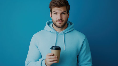 A young man stands against a vibrant blue background, holding a coffee cup in a stylish hoodie, radiating confidence and a relaxed vibe perfect for lifestyle imagery.の素材