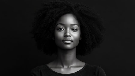 A captivating black and white portrait showcasing a young woman with natural afro hair, embodying confidence and elegance against a striking dark backdrop.の素材