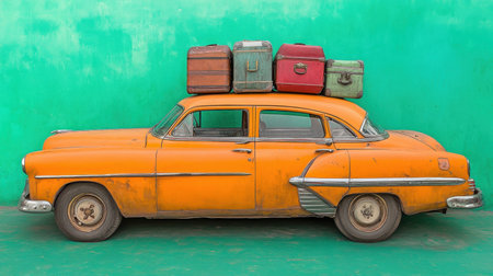 A vibrant vintage orange car adorned with colorful luggage on the roof stands against a striking green wall, evoking a sense of adventure and nostalgia for travel enthusiasts.の素材