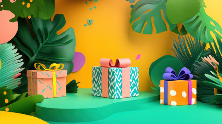 A delightful scene featuring colorful gift boxes amid lush tropical foliage on a bright yellow background, ideal for celebrations, events, and design projects focused on festive themes.の素材