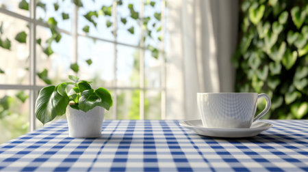 A serene morning scene featuring a cup of coffee and a small potted plant on a checkered tablecloth, illuminated by sunlight streaming through a window, surrounded by vibrant greenery.の素材