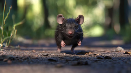 A charming black mouse dashes along a forest path, showcasing its small size and delicate features in a vibrant natural setting filled with greenery and tranquility.の素材