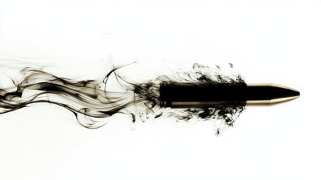 A striking image showcasing a bullet surrounded by flowing smoke, symbolizing speed and power. Perfect for creative projects that explore themes of conflict and energy.の素材