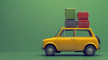 A charming vintage yellow car carries vibrant luggage on its roof, set against a vivid green backdrop, evoking travel, adventure, and nostalgic feelings.の素材