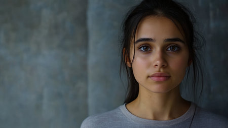 A portrait of a young woman with captivating eyes and a serene expression, framed by soft natural light against a simple gray wall, embodying raw beauty and elegance.の素材