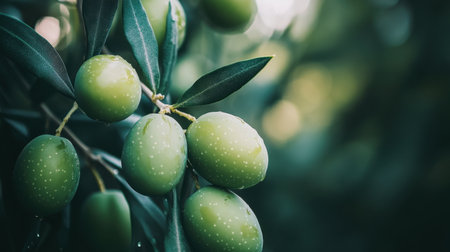 Vibrant green olives with water droplets rest on a branch, exemplifying freshness in a natural setting. Ideal for themes of healthy eating and olive oil production.の素材