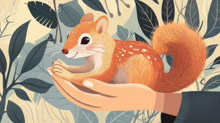 This vibrant illustration features a cute squirrel being gently held in a person's hand, surrounded by lush tropical leaves, embodying care and connection with nature.の素材