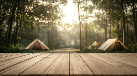 Experience the beauty of nature with this serene camping scene, featuring tents nestled in a lush forest, sunlight streaming through the trees, and a welcoming wooden deck.の素材