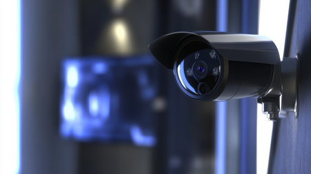 Close-up view of a modern security camera installed on a wall, emphasizing its advanced design and features. Perfect for illustrating surveillance themes.の素材