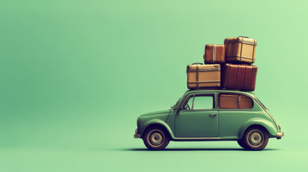 A charming vintage car topped with colorful luggage symbolizes freedom and adventure, perfect for travel-themed projects, evoking nostalgia for road trips and exploration.の素材