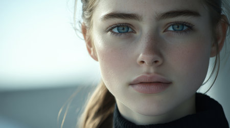 A stunning close-up portrait showcasing a young woman's blue eyes and soft facial features, reflecting natural beauty and serenity in a light-filled ambiance.の素材