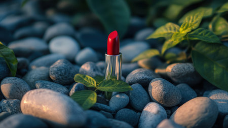 A striking red lipstick stands out among smooth stones and lush greenery, symbolizing elegance and beauty in a serene natural setting, perfect for beauty enthusiasts.の素材