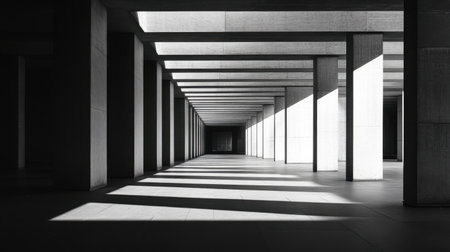 This striking monochrome image showcases a minimalist architectural interior filled with light and shadow, emphasizing clean lines and geometric beauty in modern design.の素材