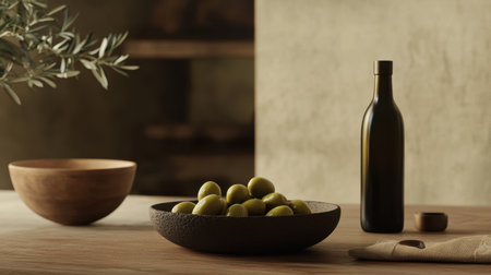 This serene still life captures green olives in a textured bowl beside a dark glass bottle, set against a subtle backdrop that evokes a rustic and elegant atmosphere.の素材