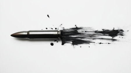 An innovative artistic scene displays a black bullet alongside a makeup brush, creating a dramatic abstract design of black powder on a minimalist white background.の素材