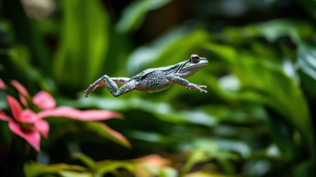 A vivid depiction of a frog in mid-leap against a backdrop of lush greenery and colorful flowers, showcasing the beauty and dynamism of wildlife in a tropical ecosystem.の素材