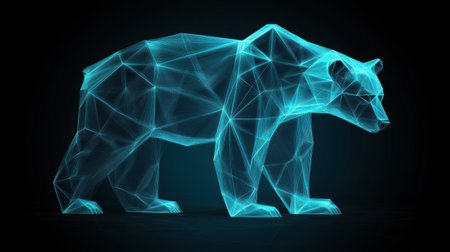 A striking digital representation of a bear crafted from a wireframe design, illuminated in neon blue against a black background, merging art and technology.の素材