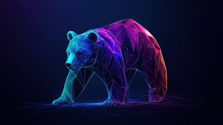 A stunning abstract representation of a bear crafted in a polygonal style, featuring bright neon colors and dynamic lighting against a dark backdrop, perfect for modern design.の素材