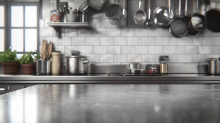 A beautifully arranged modern kitchen showcasing a sleek metal countertop, stylish cookware, and vibrant plants, perfect for culinary creativity and home cooking.の素材