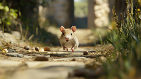 A charming and energetic mouse is joyfully running along a stone pathway, surrounded by lush grass and plants, basking in the soft warm sunlight of a serene outdoor environment.の素材