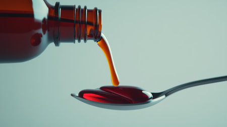 A close-up image showcasing syrup being poured from a glass bottle into a metallic spoon, emphasizing the rich color and smooth texture of the liquid in a minimalist environment.の素材