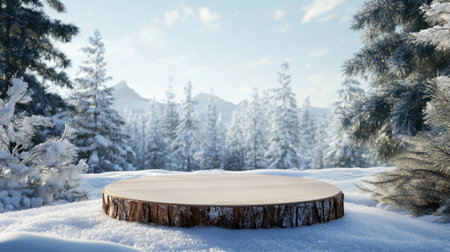 A serene winter landscape featuring a wooden platform atop freshly fallen snow, surrounded by frosty pine trees and majestic mountains under a bright blue sky.の素材