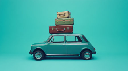 A charming vintage car carrying stacked colorful luggage, perfect for evoking travel dreams and adventures in marketing and creative projects.の素材