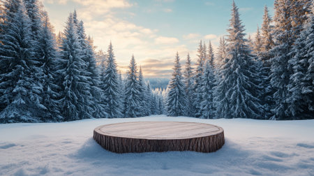 A tranquil winter landscape showcasing a wooden platform surrounded by snow-covered trees, perfect for capturing the serenity of nature during dusk.の素材