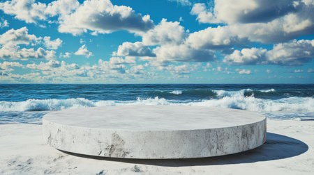 A minimalistic circular concrete platform is set against a beautiful beach backdrop, with gentle waves lapping at the shore under a picturesque sky filled with fluffy clouds.の素材