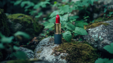 A stunning red lipstick rests gracefully on moss-covered stones, surrounded by lush greenery, creating a captivating balance between beauty and nature in this unique composition.の素材