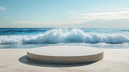 A picturesque seaside view featuring a smooth circular platform set against the striking backdrop of gentle waves and a clear blue sky, ideal for creative projects and presentations.の素材
