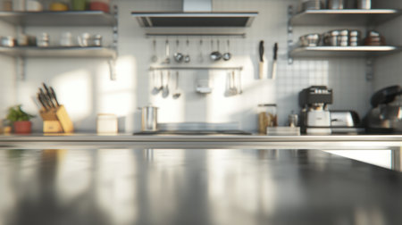 A stylish modern kitchen showcasing a stainless steel countertop, open shelving, and an array of cooking utensils, illuminated by bright natural light. Ideal for culinary themes.の素材