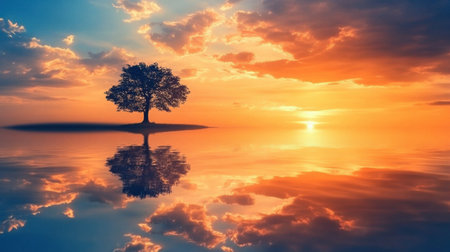 A stunning sunset scene featuring a lone tree silhouette reflected in calm water, surrounded by vibrant skies and soft clouds, creating a peaceful and serene atmosphere in nature.の素材
