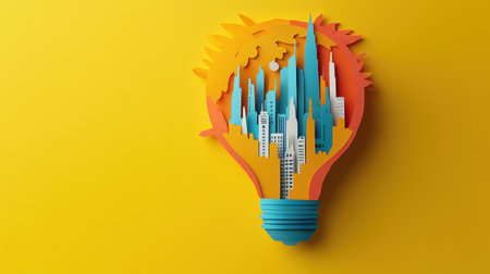 Colorful paper cutout artwork featuring a light bulb filled with a vibrant urban skyline, set against a sunny yellow background, symbolizing creativity and innovation.の素材