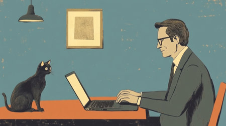 A stylish man types on his laptop at a modern desk while a black cat observes curiously, creating a warm and inviting atmosphere in a minimalist office setting.の素材