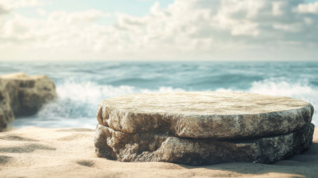 A stunning coastal view showcasing a flat rock formation by the ocean, with gentle waves lapping against the sandy shore and a picturesque sky filled with soft clouds.の素材