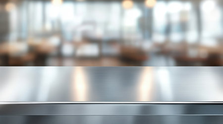 This image features a blurred cafe interior with a sleek stainless steel countertop, creating a modern and inviting atmosphere for culinary and food-related projects.の素材