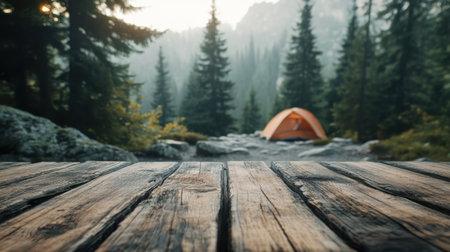 A tranquil camping scene featuring a bright orange tent nestled among tall pine trees, capturing the essence of outdoor adventure and serene wilderness.の素材